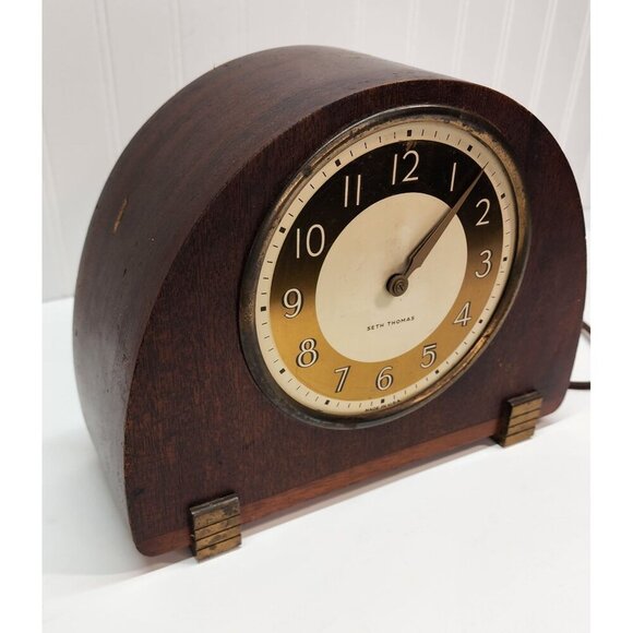 Vintage Seth Thomas Wood Mantel Clock With Brass Accents - Picture 2 of 16